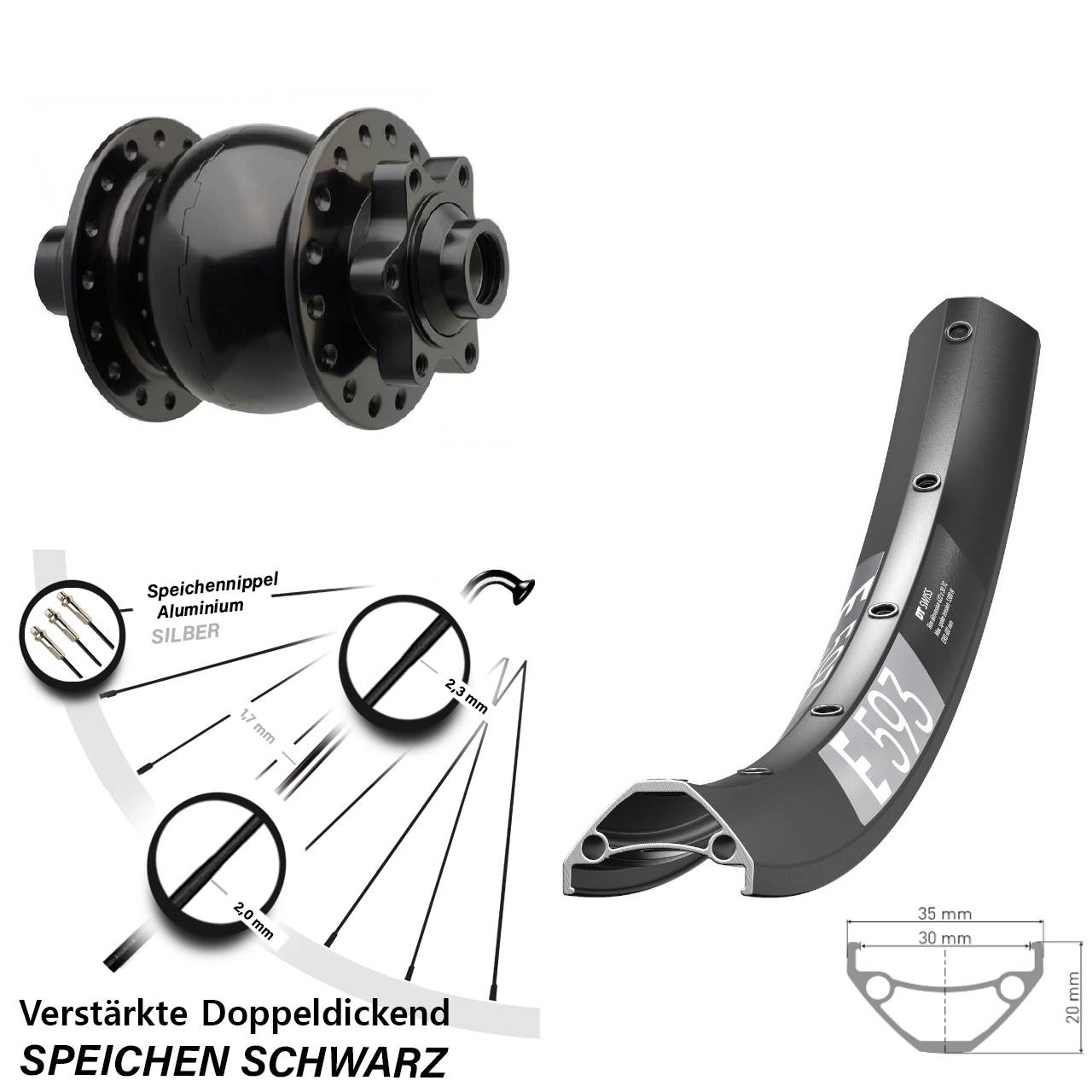 Boost Nabendynamovorderrad 6-Loch 15x110 29 Zoll DT Swiss E 593 SON 28 schwarz