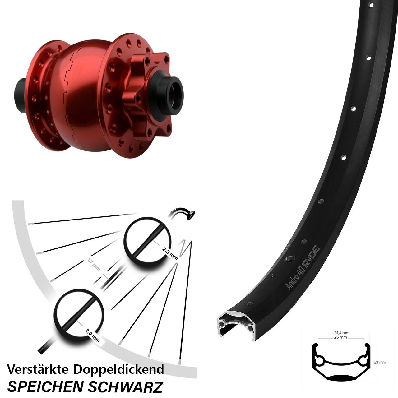 Vorderrad 27,5 Zoll Ryde Andra 40 SON 28 15x100 6-Loch rot eloxiert