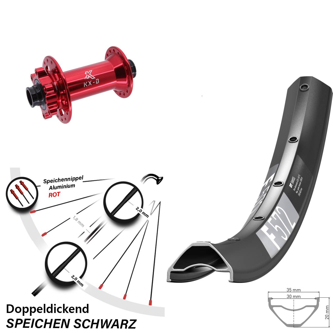 27,5 Zoll DT Swiss F572 Vorderrad KX-B rot 6-Loch Boost