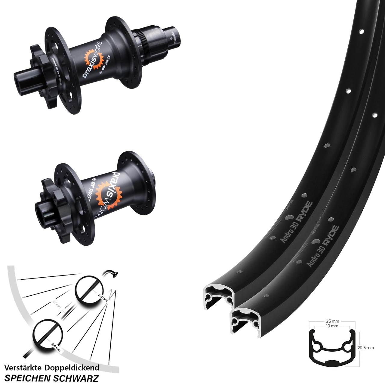 28 Zoll Ryde Andra 30 DT Swiss 350 Disc Laufradsatz 15x100 12x142 XD 11-12 fach