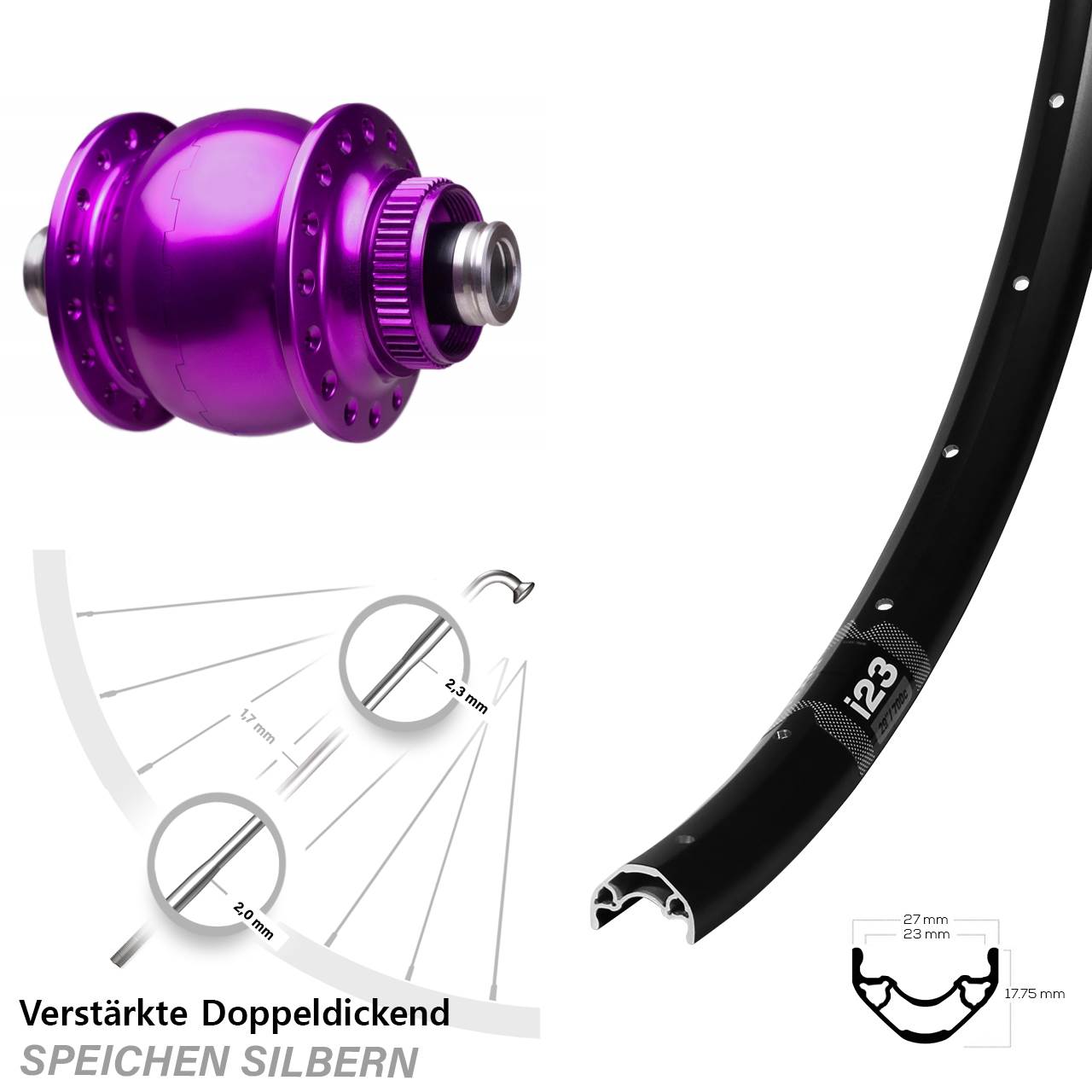Nabendynamo-Vorderrad Centerlock 28-29 Zoll WTB i23 SON 28 violett 12x100