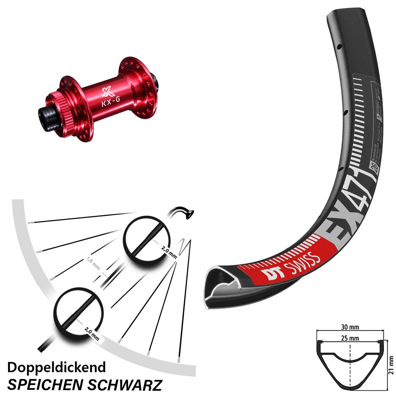 DT Swiss EX 471 Vorderrad 27,5 Zoll mit KX-G Steckachse Nabe rot-eloxiert