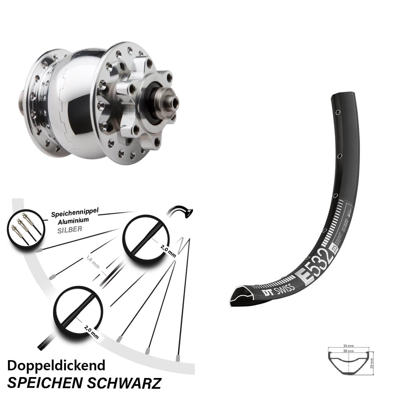 Nabendynamovorderrad 6-Loch QR 29 Zoll DT Swiss E532 SON 28