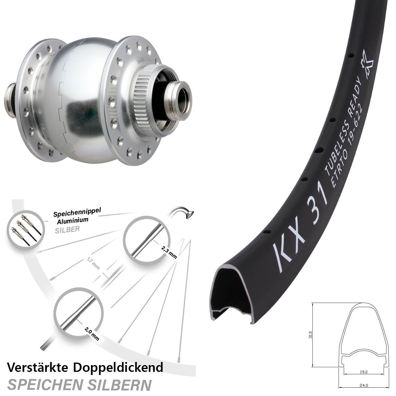 Nabendynamo-Vorderrad Centerlock 28 Zoll KX31 SON silbern 12x100