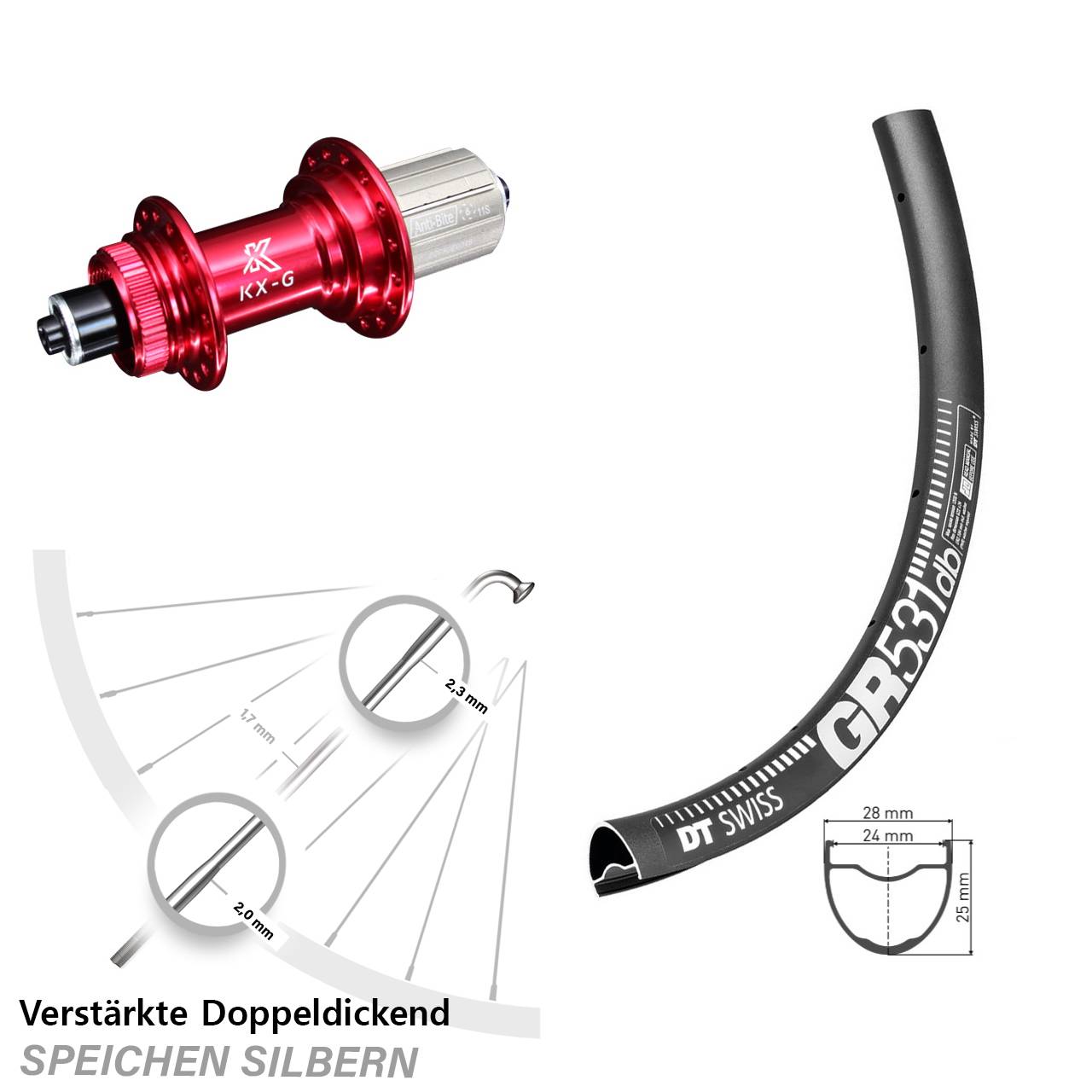 Gravel Hinterrad 28-29 Zoll KX-G rot Schnellspanner Centerlock 8-12 fach DT Swiss GR 531