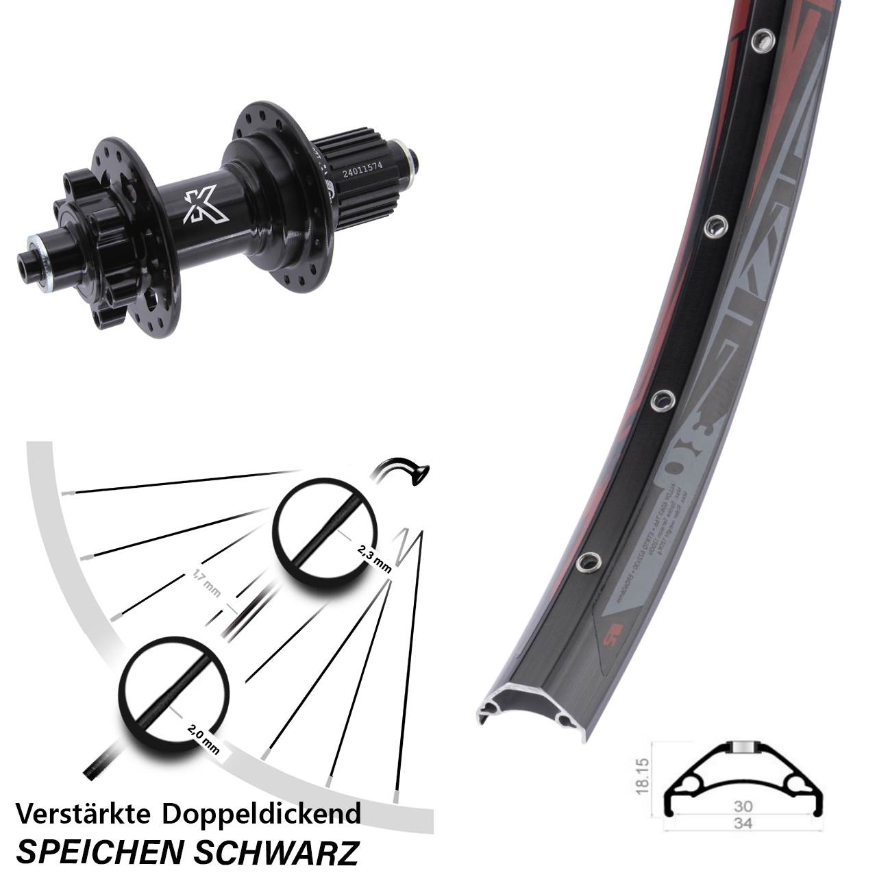 29 Zoll Rodi TRYP 30 KX-M Hinterrad 6-Loch für Schnellspanner Shimano Micro Spline