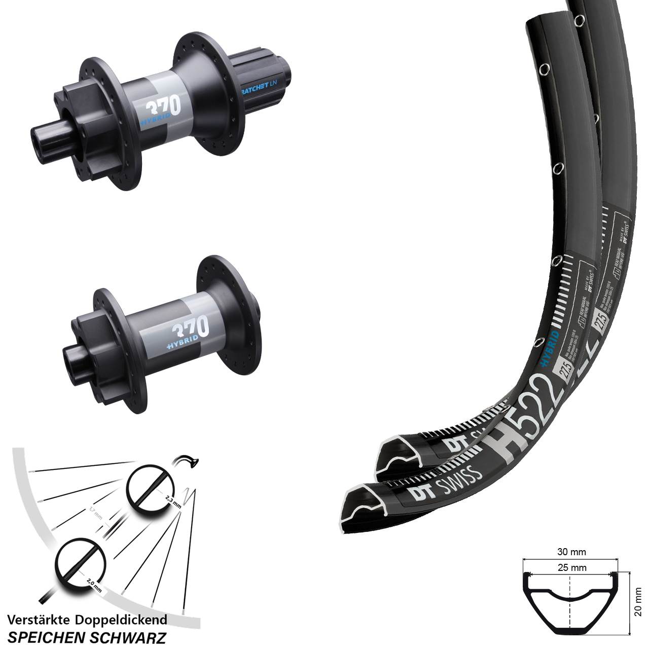DT Swiss H 522 370 Hybrid 650B 6-Loch Laufradsatz 15x110 12x148 8-11 fach HG