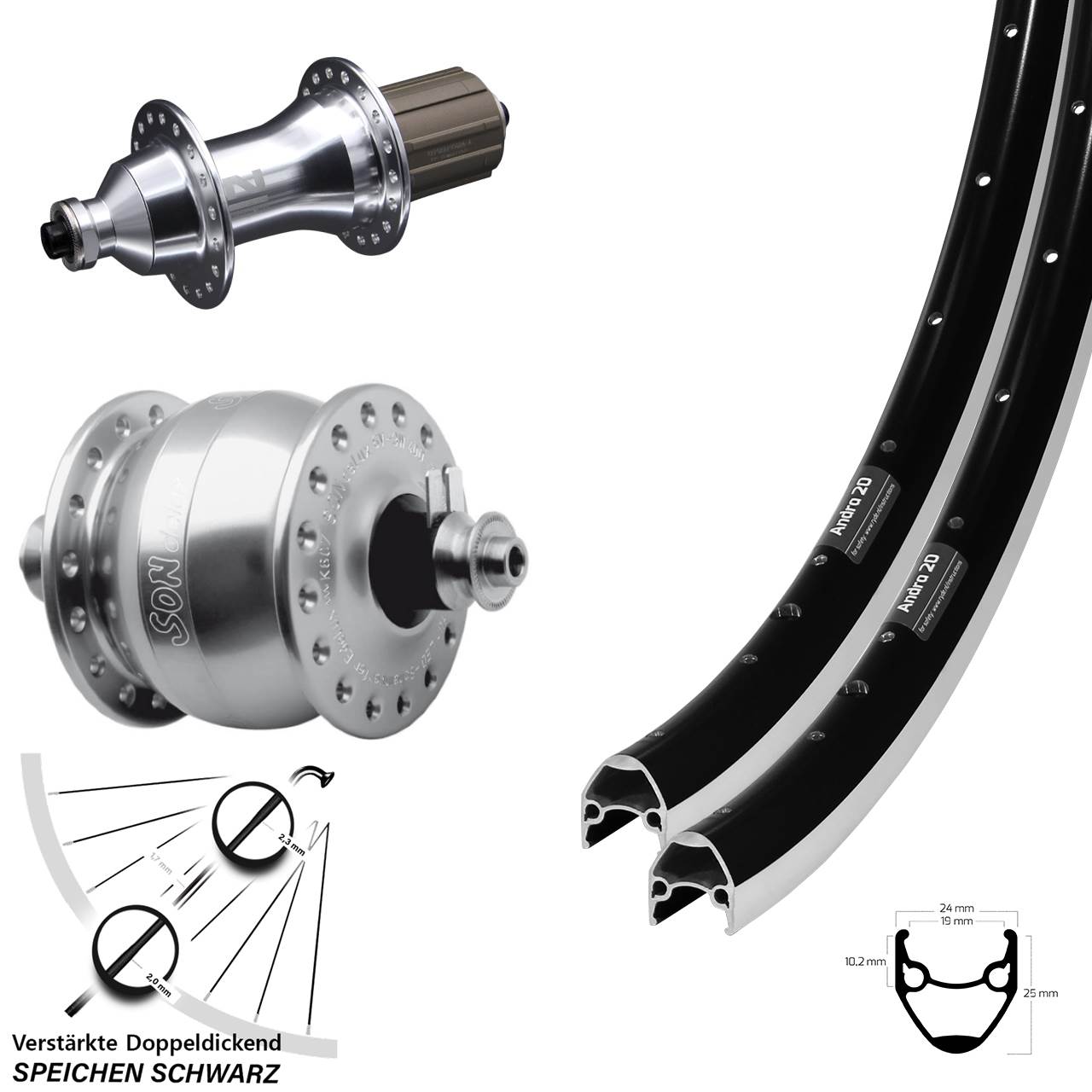Ryde Andra 20 Novatec F162 SON delux 28 Zoll Laufrad-Satz QR 8-12 fach HG