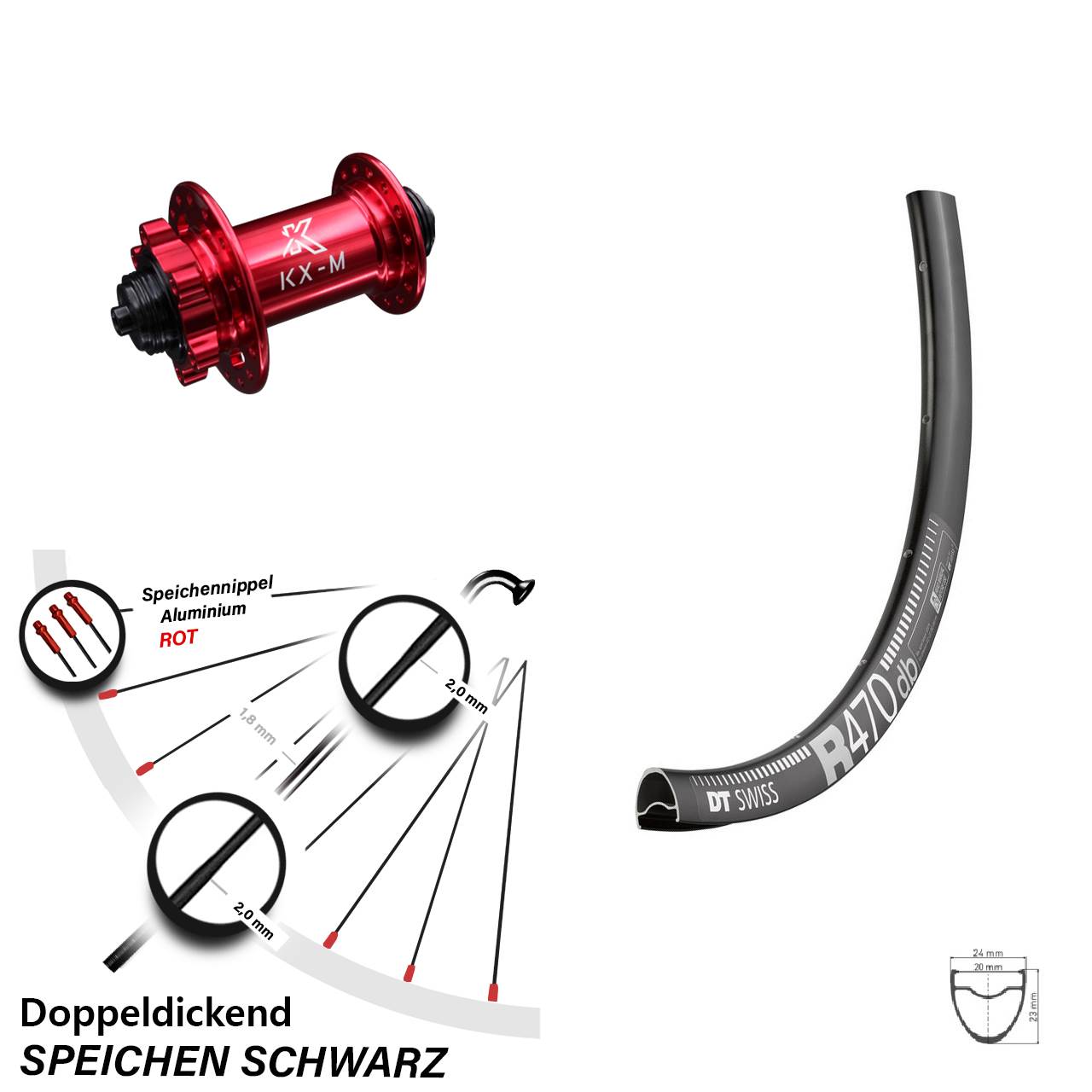 DT Swiss R 470 DB Vorderrad 28 Zoll Schnellspanner KX-M rot eloxiert 6-loch
