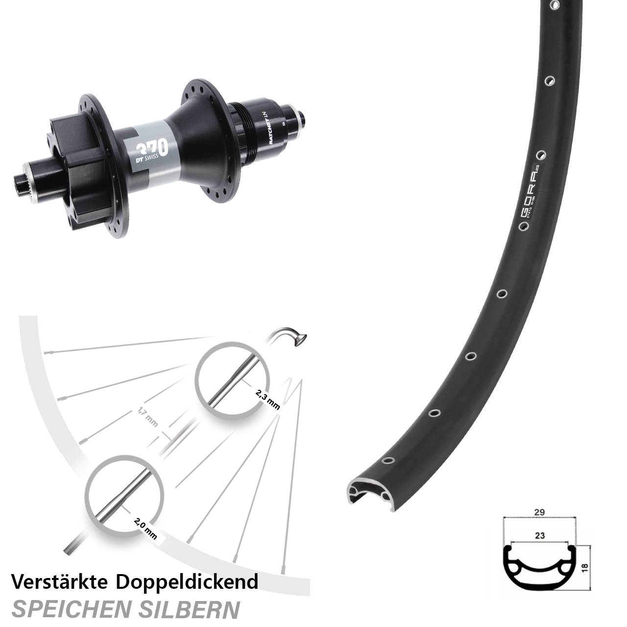 Disc Hinterrad 28-29 Zoll Gora 23 DT Swiss 370 XD 11-12 fach für Schnellspanner