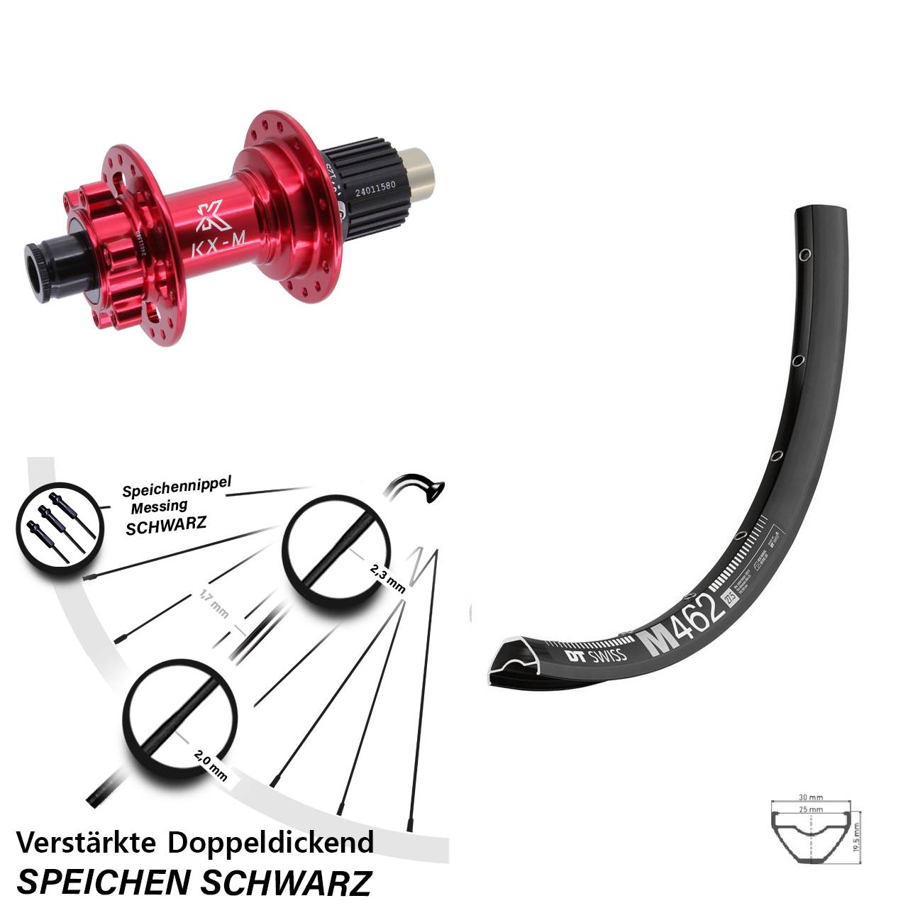 DT Swiss M462 KX-M rot 27,5 Zoll Hinterrad 6-Loch 12x142 Micro Spline