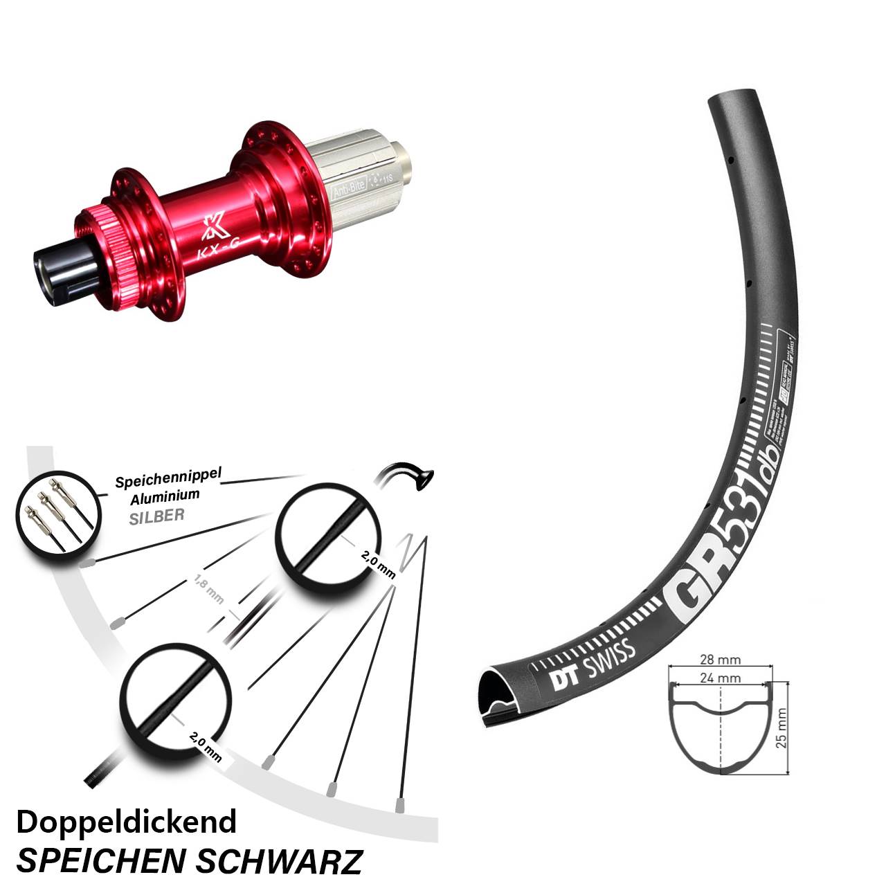 27,5 Zoll DT Swiss GR 531 Hinterrad KX-G rot 8-12 fach 12x142