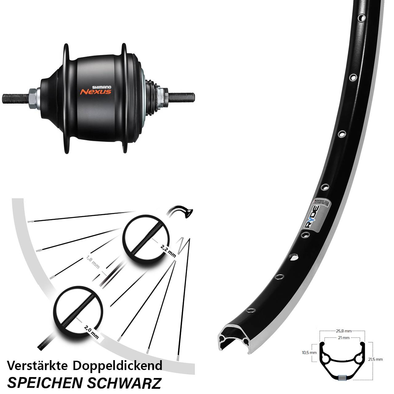 28 Zoll Hinterrad Ryde ZAC 421 Shimano 8 Gang Nexus Freilauf schwarz