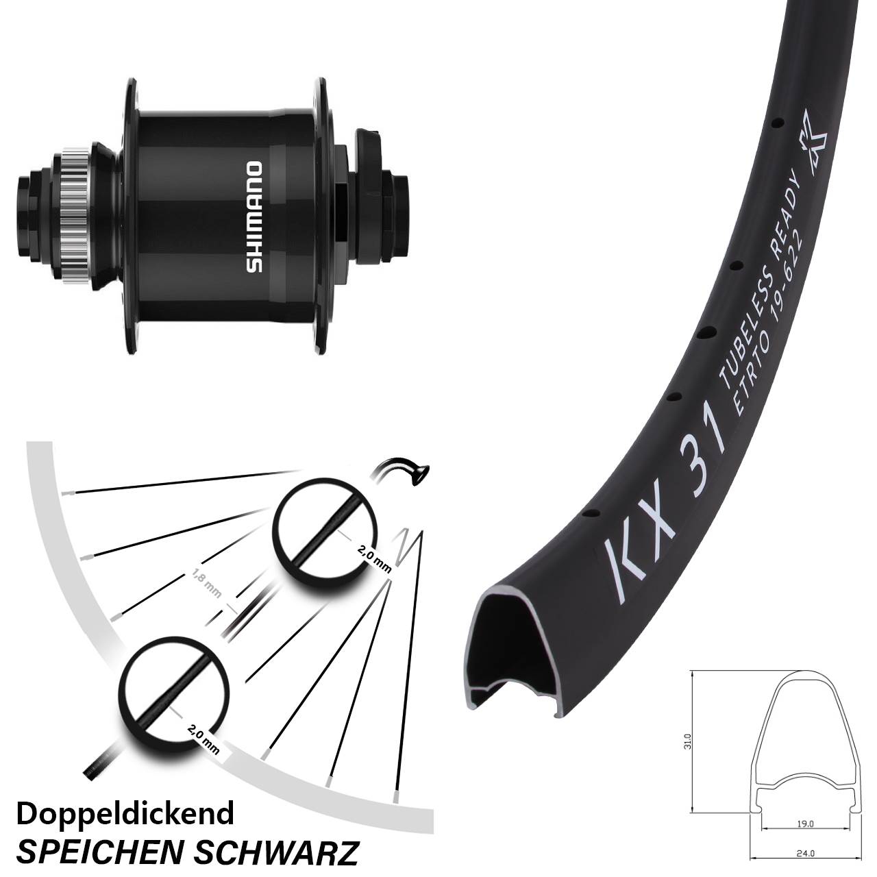 28 Zoll KX31 Shimano DH-UR708 Disc Nabendynamolaufrad 15x100