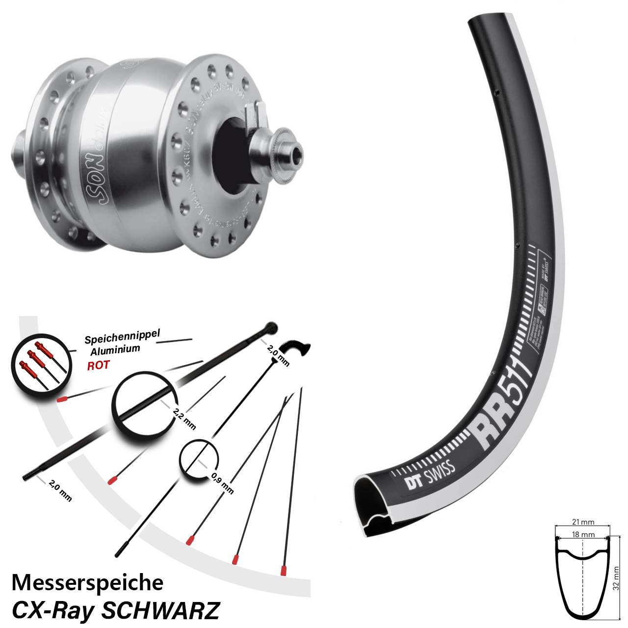 28 Zoll DT Swiss RR511 SON delux Dynamo-Vorderrad für Schnellspanner CX-Ray