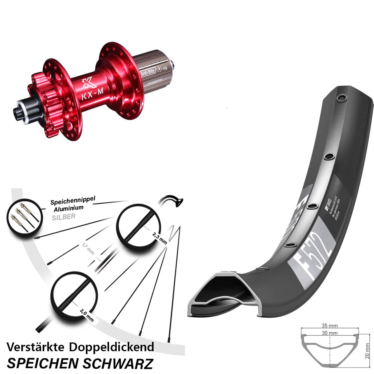 Hinterrad 6-Loch für Schnellspanner 29 Zoll DT Swiss F572 KX-M rot 8-12 fach HG
