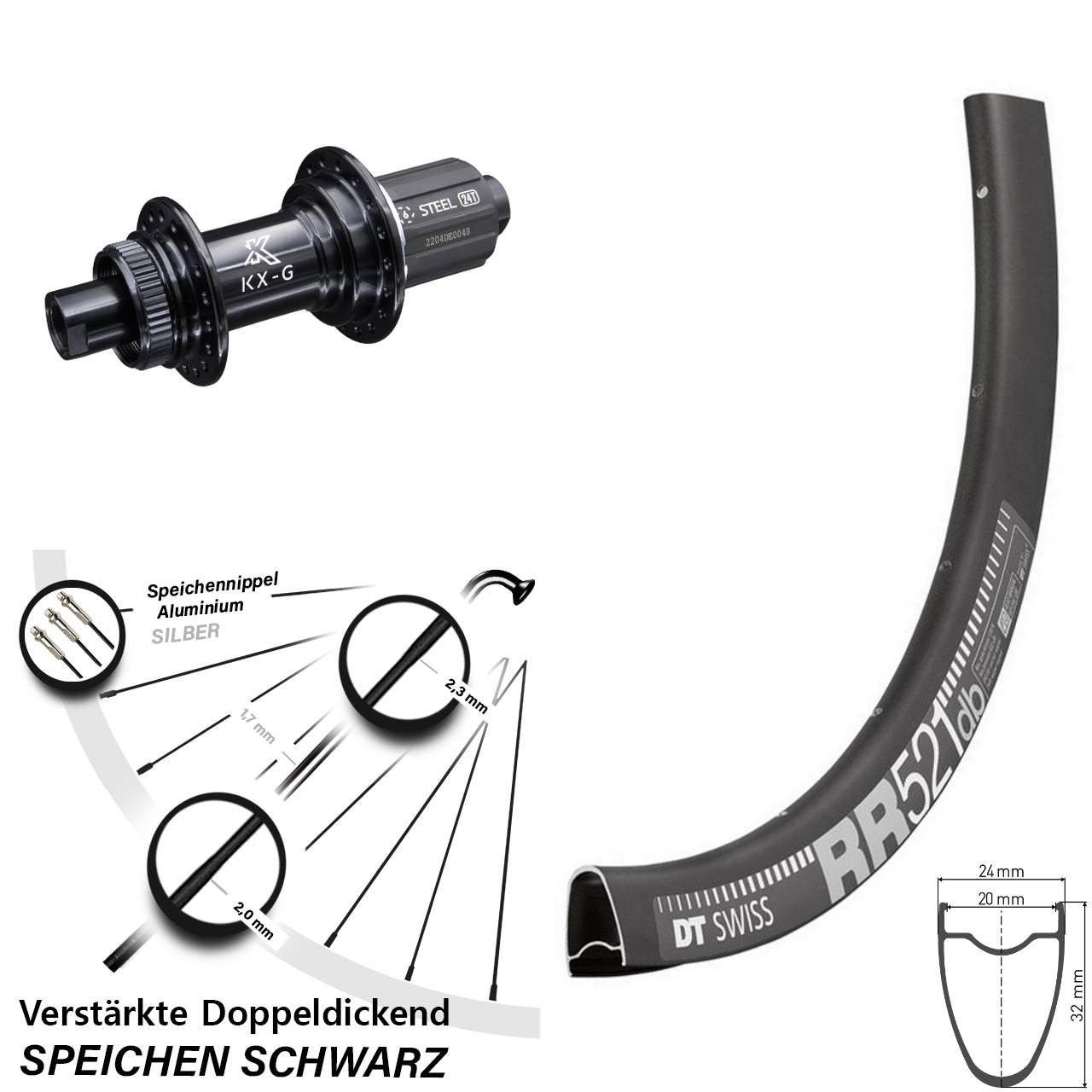 28 Zoll Hinteres Rad DT Swiss RR 521 DB 8-12 fach KX-GS 12x142 Centerlock Nabe