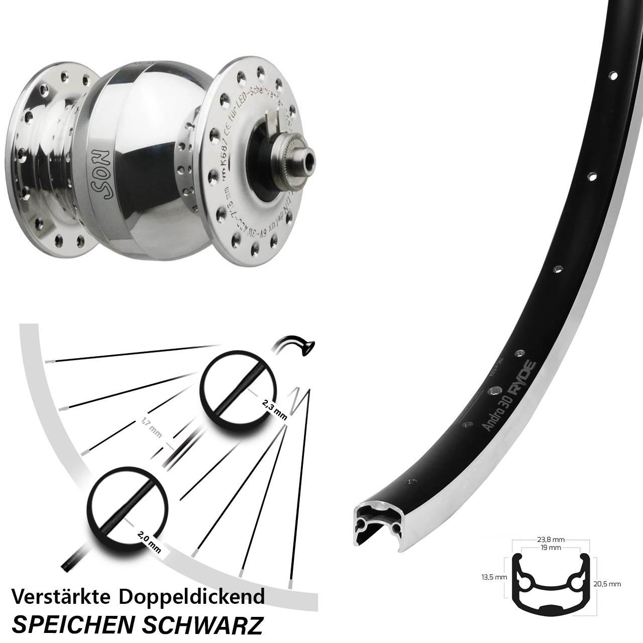 28 Zoll Ryde Andra 30 SON delux wide body Dynamo-Vorderrad für Schnellspanner