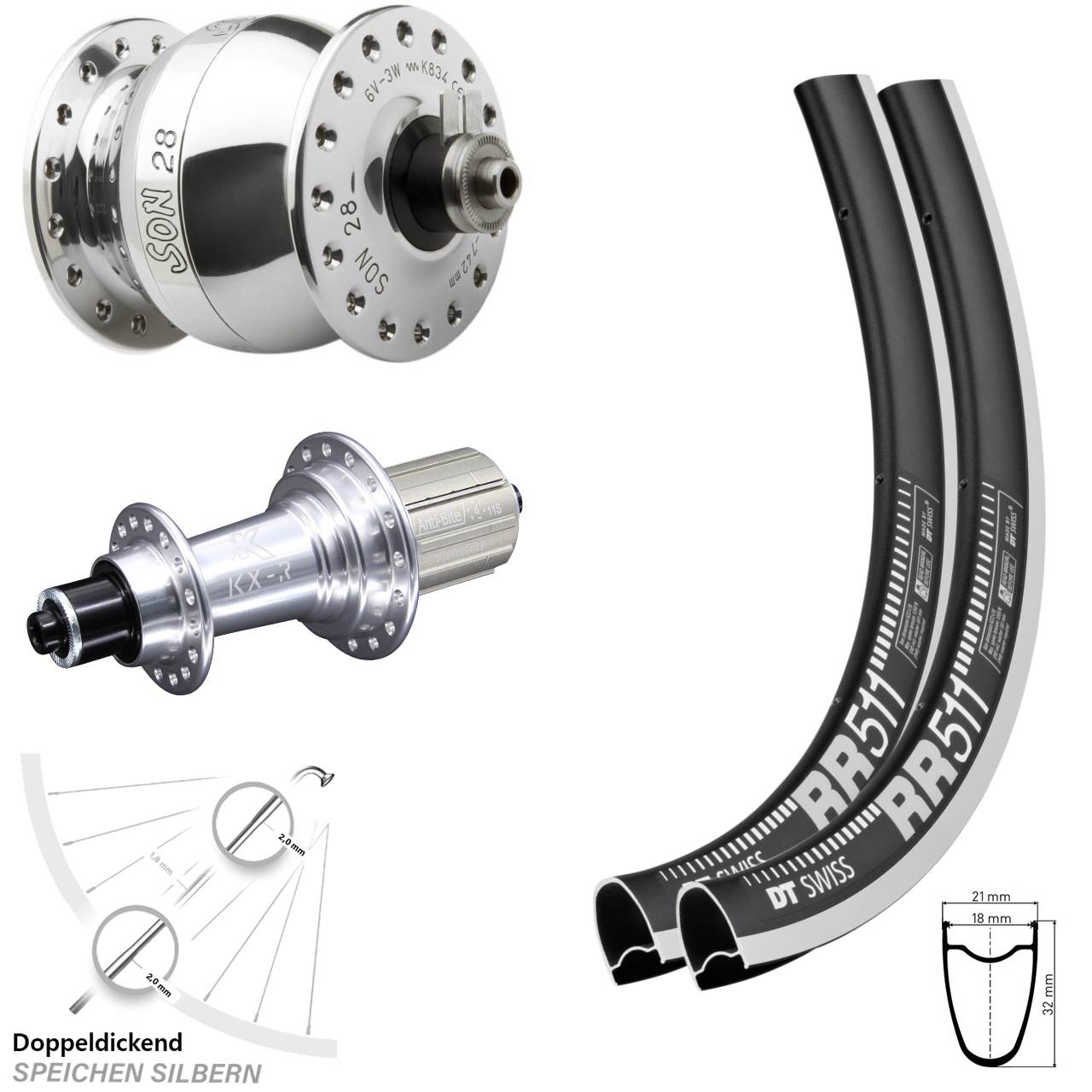 Laufradsatz DT Swiss RR 511 Dynamo SON 28 Zoll silbern KX-R Shimano HG Rennrad