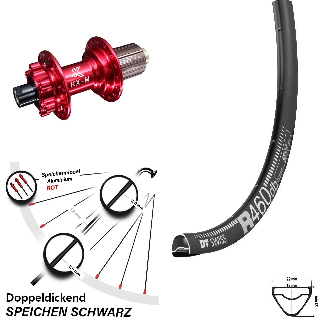 28 Zoll Hinterrad DT Swiss R 460 Disc 6-loch Nabe KX-M rot 12x142 mm 8-12 fach