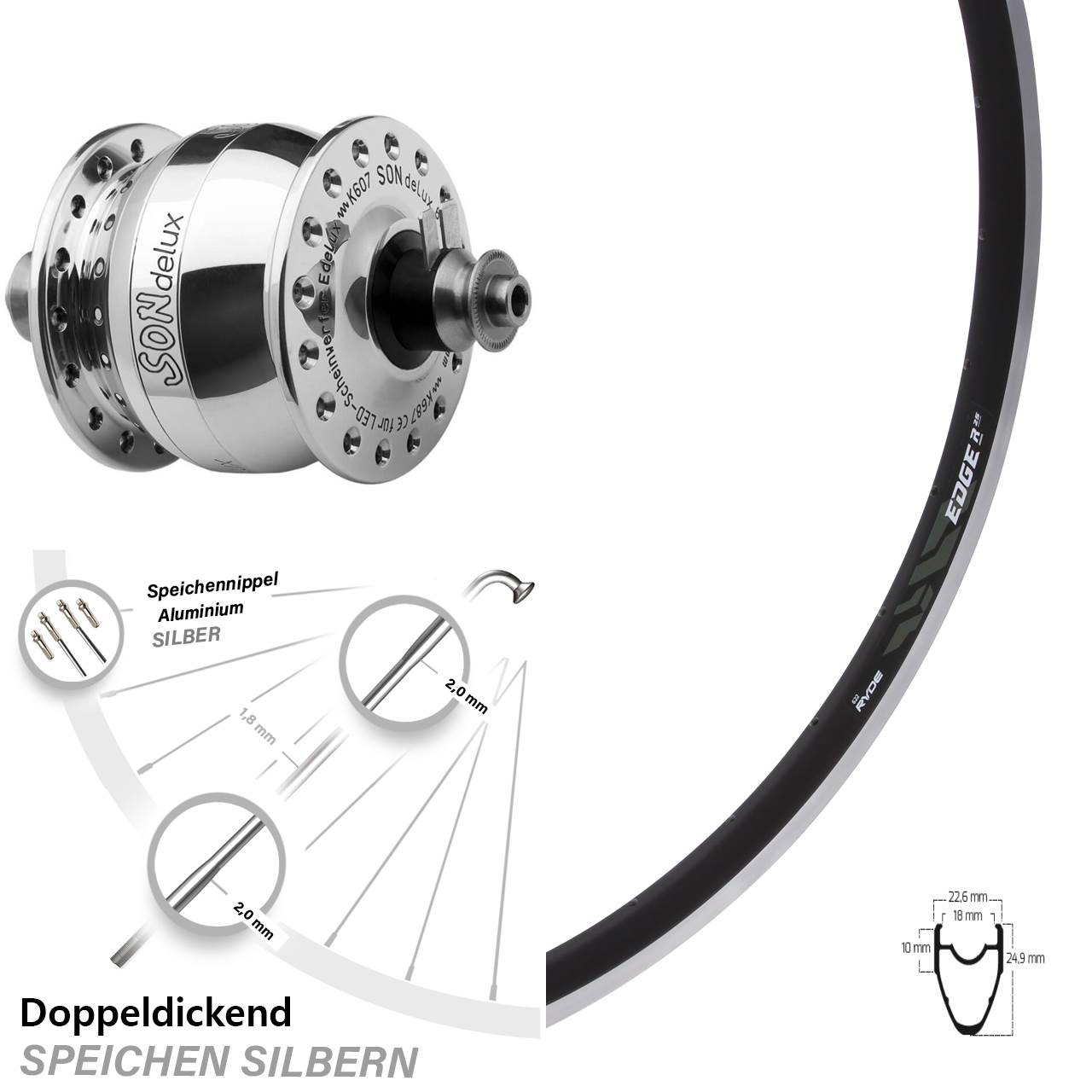 Vorderes Rad Nabendynamo SON delux silbern poliert Ryde Edge R25 28 Zoll Rennrad