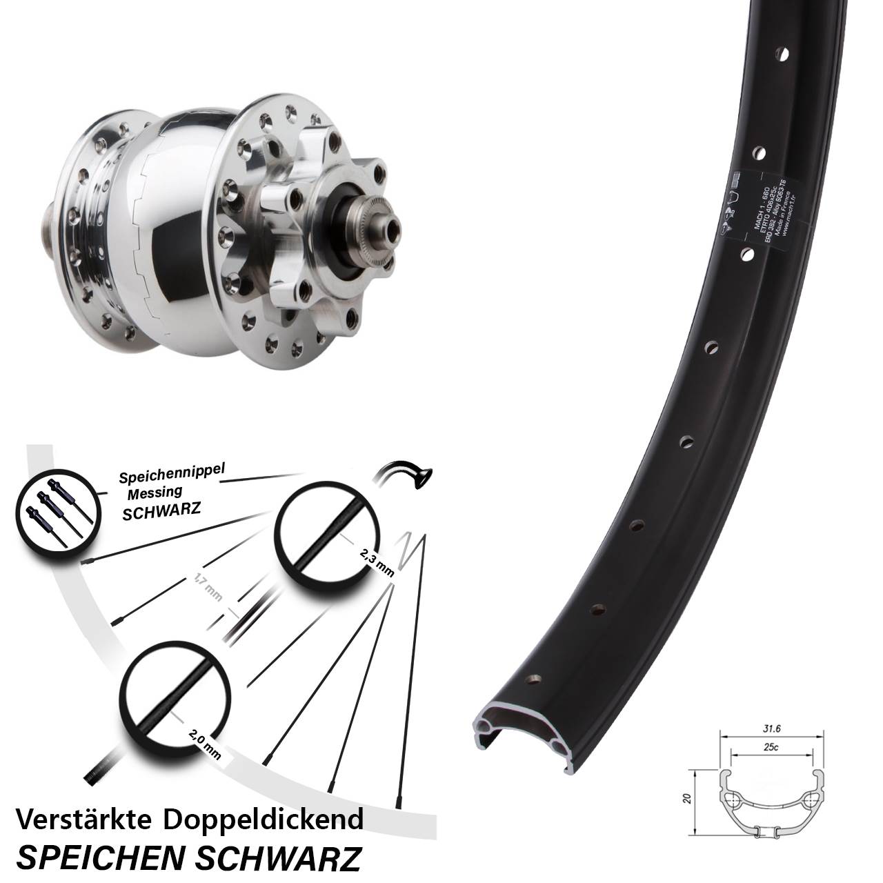 Nabendynamovorderrad 6-Loch QR 20 Zoll Mach1 Kargo SON 28 poliert