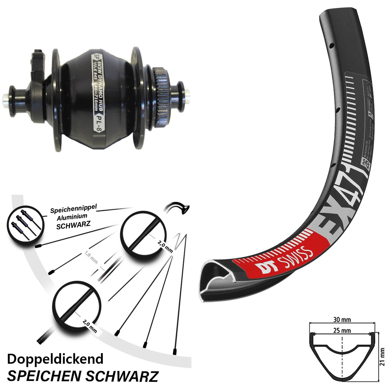 Nabendynamo-Vorderrad 29 Zoll DT Swiss EX471 Shutter Precision PL-8 5x100 Centerlock
