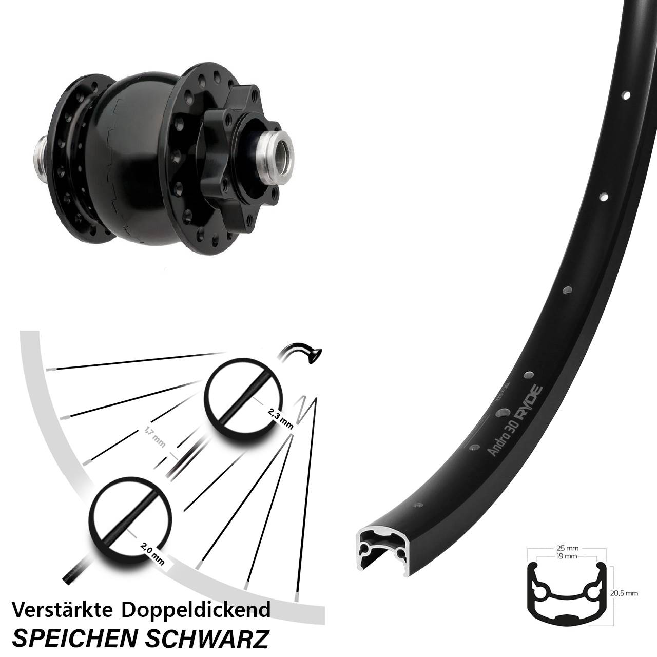 Disc Vorderrad mit Nabendynamo 28 Zoll Ryde Andra 30 SON 12x100