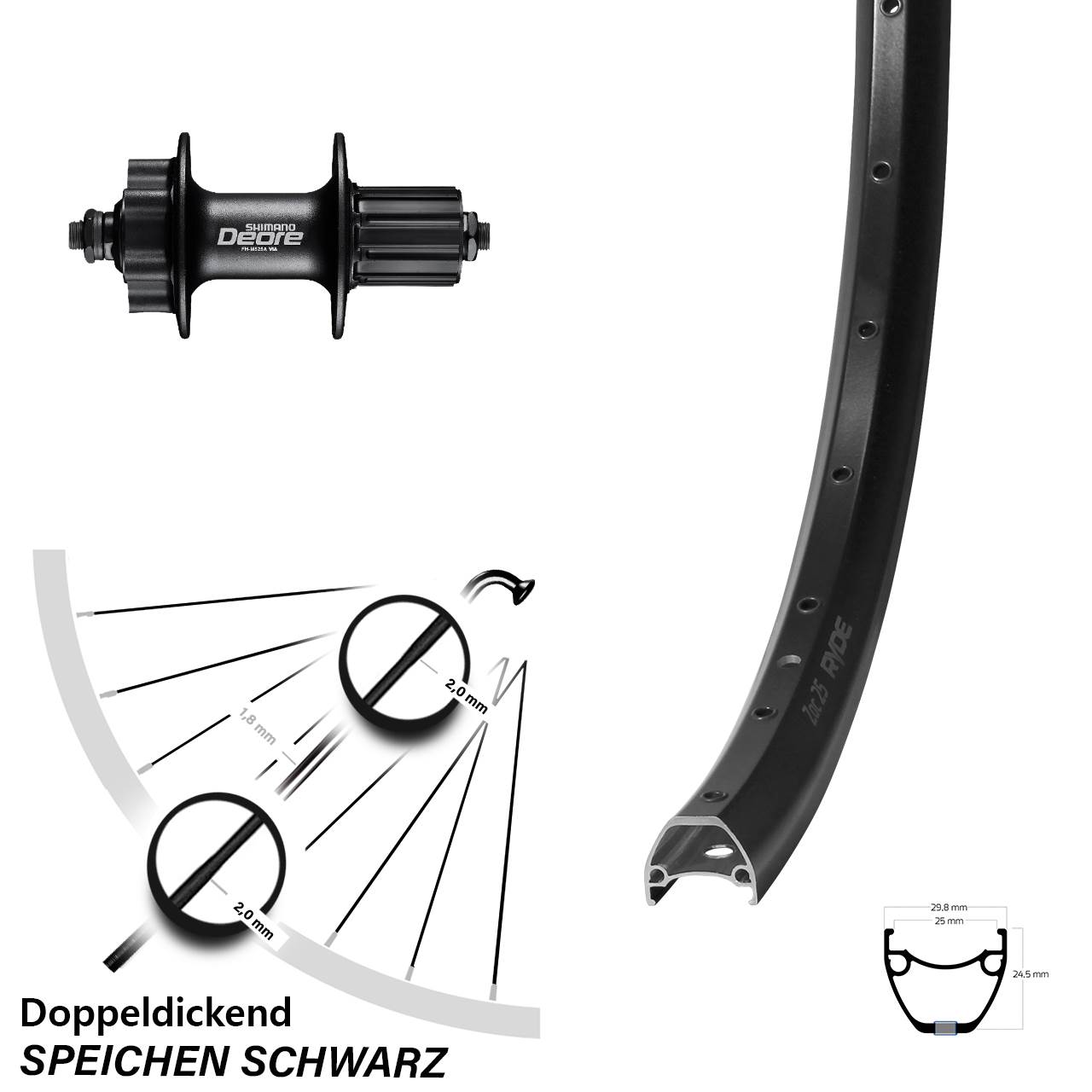 28-29 Zoll Ryde ZAC 25 Shimano FH-M525 Disc Hinterrad QR 8-11 fach HG