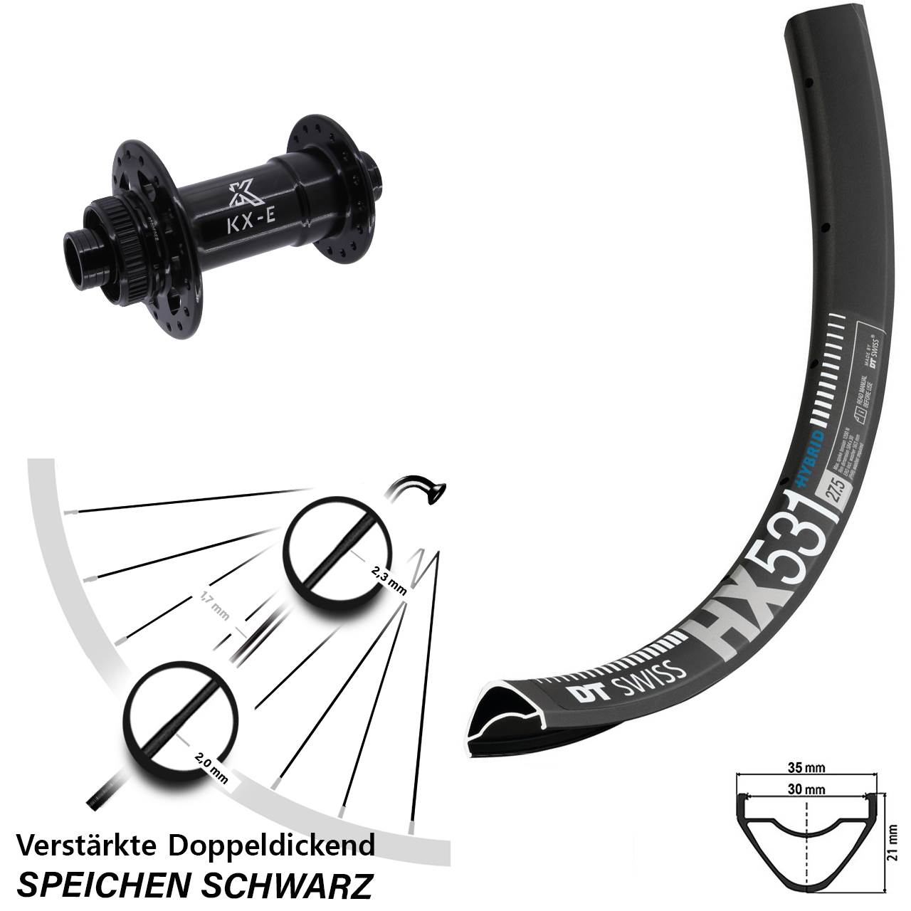 Vorderrad Centerlock 27,5 Zoll DT Swiss HX531 KX-E Heavy Duty 15x110 Boost