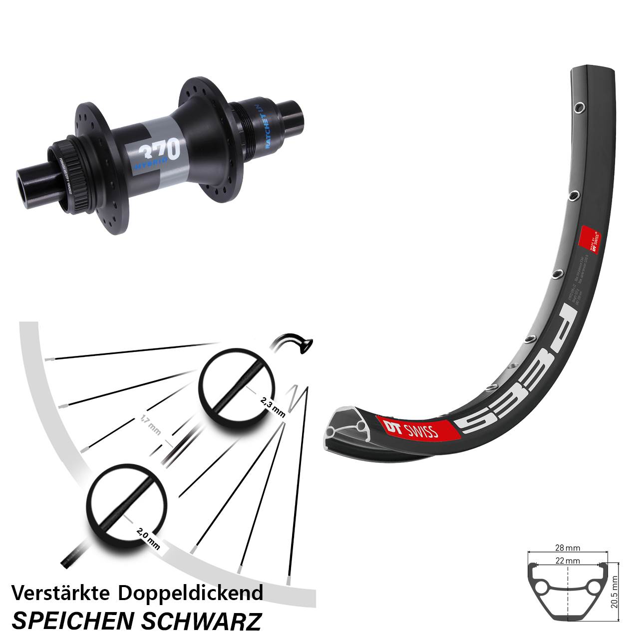 27,5 Zoll DT Swiss 533 D 370 Hybrid Centerlock Hinterrad 12x148 SRAM XD