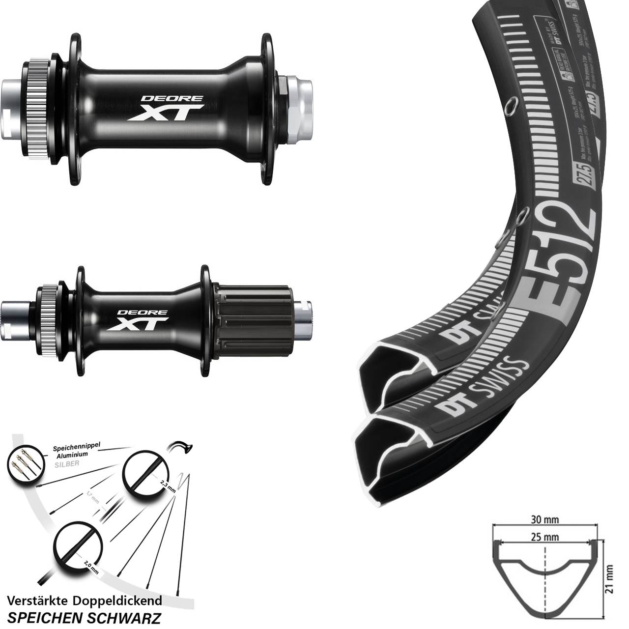 Disc Laufradsatz 27,5 Zoll DT Swiss E512 Shimano FH-M8010-B HB-M8010-B 8-11 fach Boost