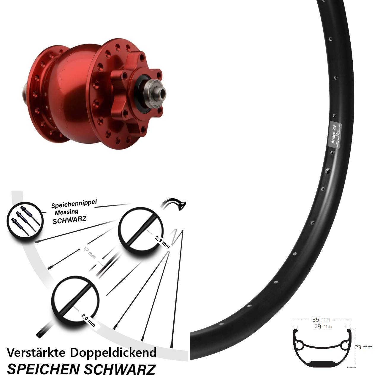 Dynamo-Vorderrad für Schnellspanner Ryde Andra 29 Zoll SON 28 Disc 6-Loch rot