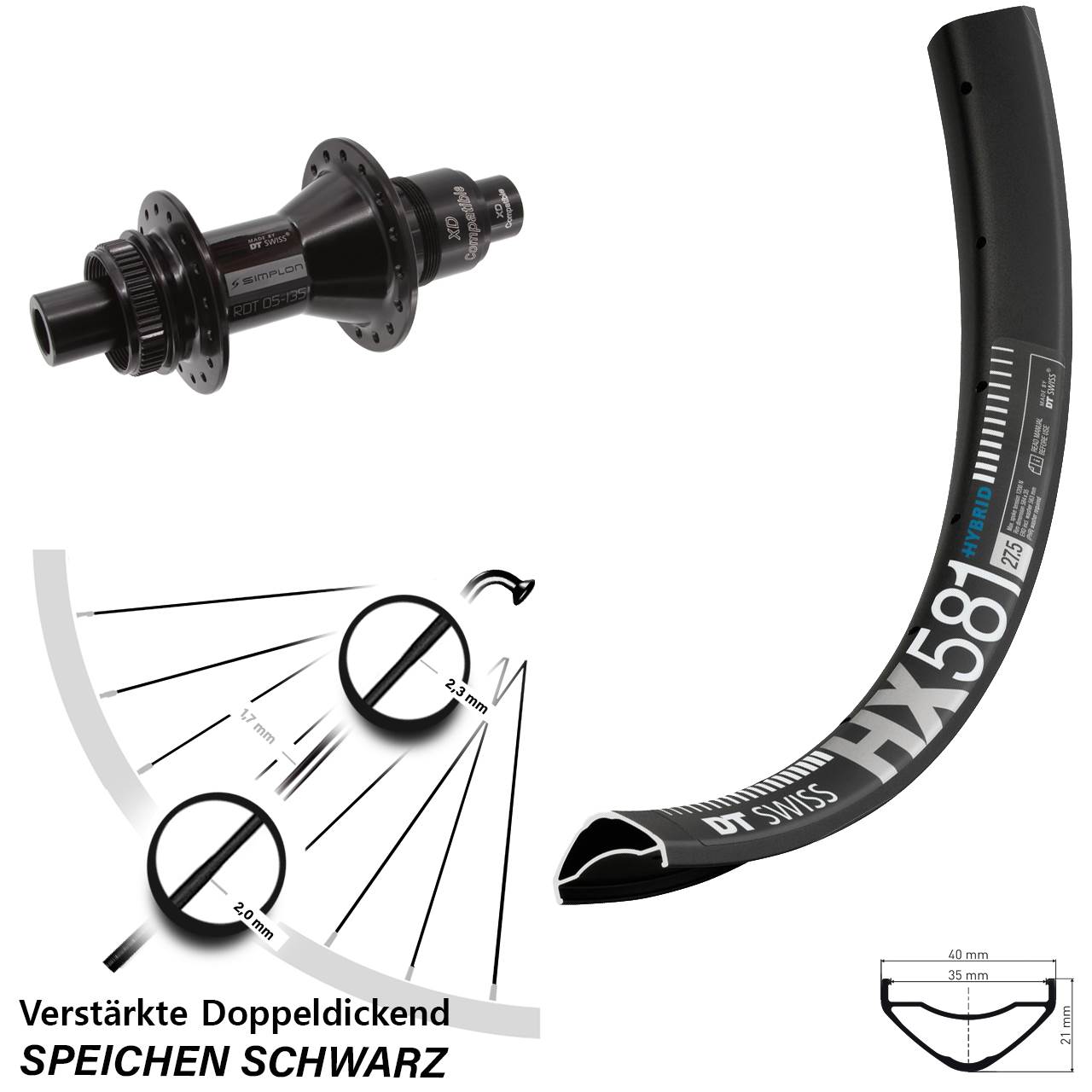 27,5 Zoll DT Swiss HX581 DT Swiss 370 Disc Hinterrad 12x142 SRAM XD