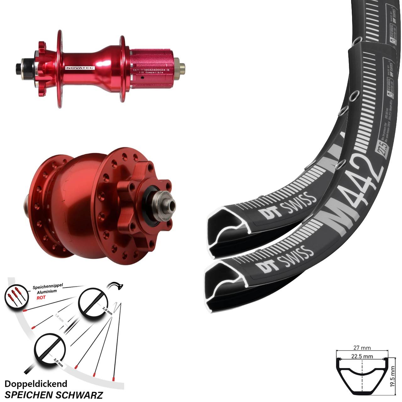 DT Swiss M442 Novatec D792SB Disc 6-Loch SON 28 Zoll rot Laufradsatz QR 8-12 fach