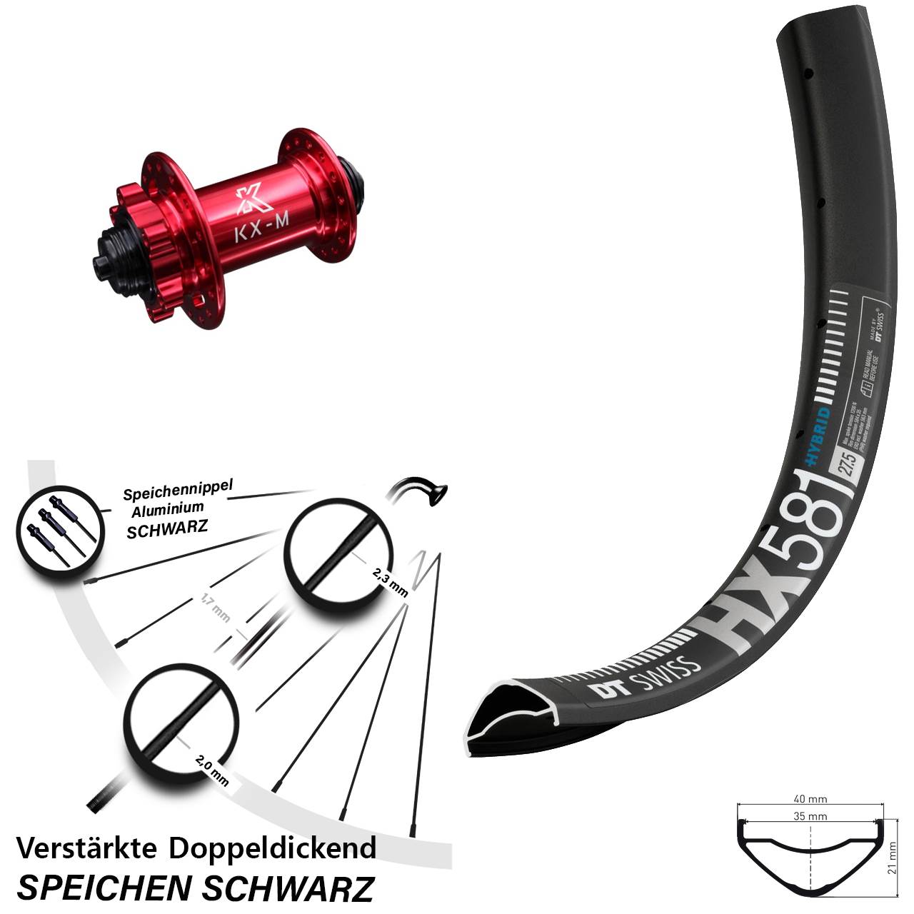 Vorderrad 6-Loch 27,5 Zoll DT Swiss HX 581 KX-M rot für Schnellspanner