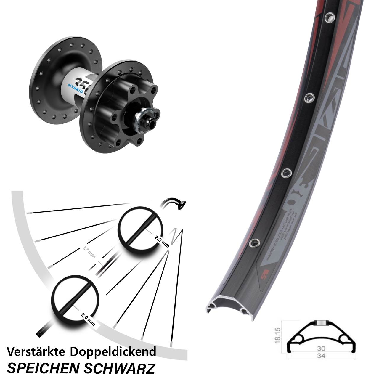Vorderrad 6-Loch 29 Zoll Rodi TRYP 30 DT Swiss 350 Hybrid QR