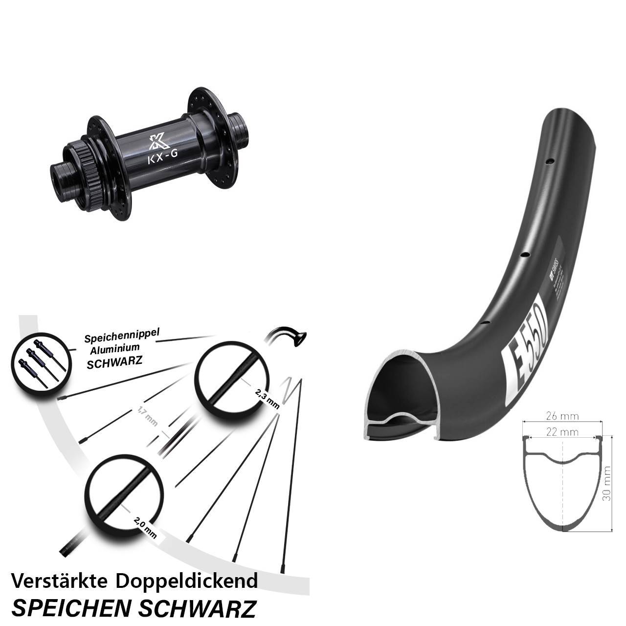 28 Zoll DT Swiss E550 KX-G Centerlock Vorderrad 12x100