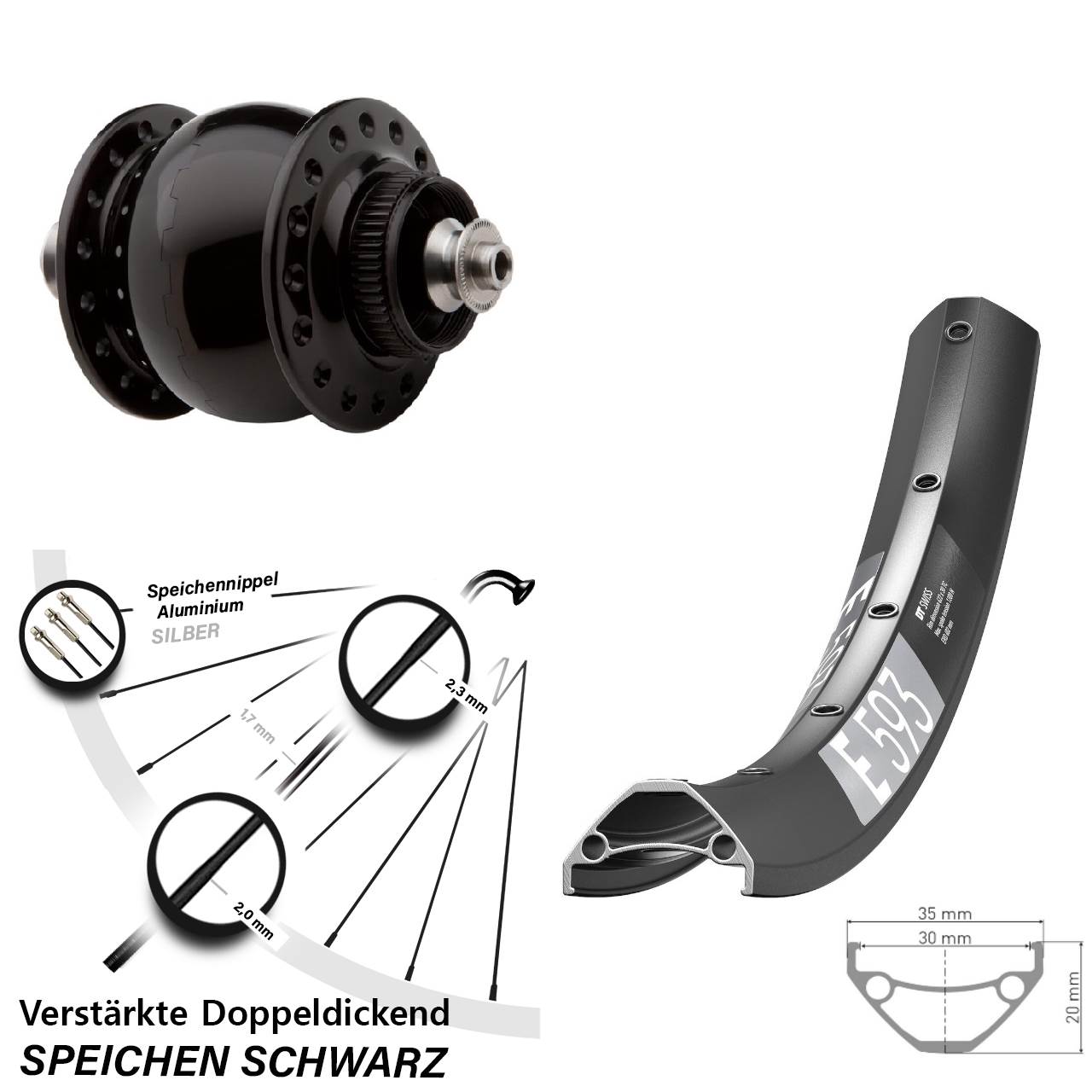 Nabendynamo-Vorderrad Centerlock 27,5 Zoll DT Swiss E593 SON delux QR