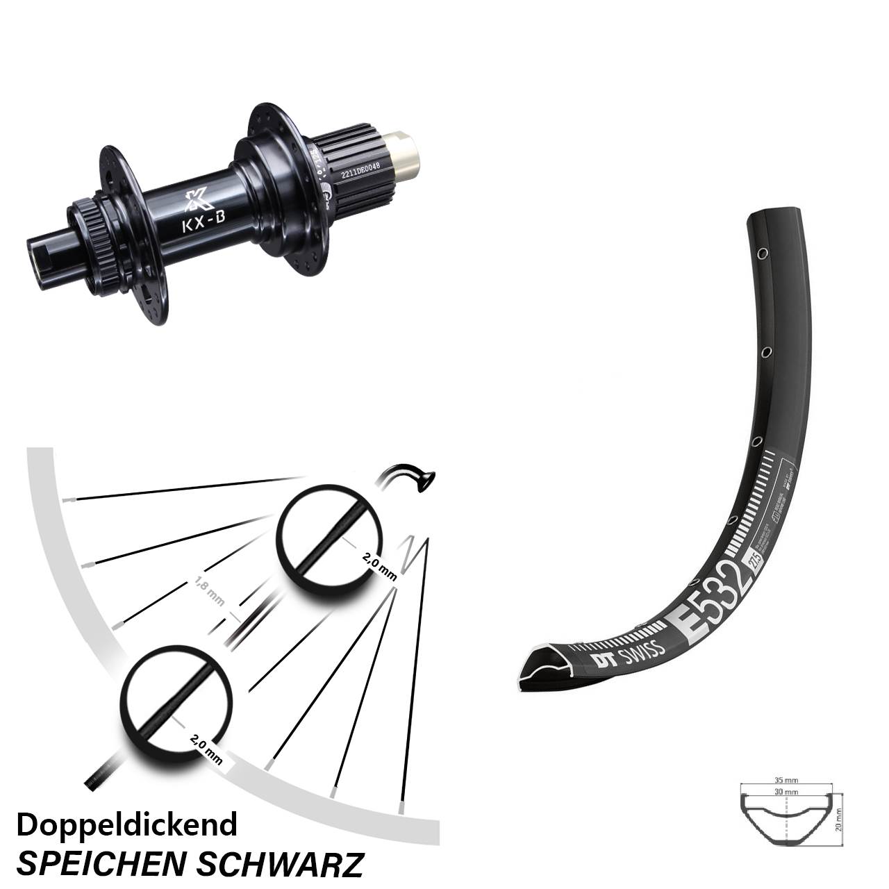 KX-B Boost 12x148 mm Centerlock Micro Spline DT Swiss E 532 Hinteres Rad 29 Zoll
