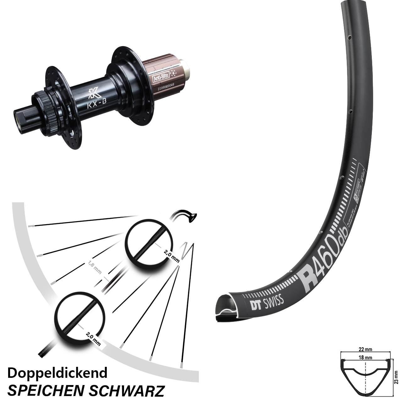 DT Swiss R 460 Hinterrad 28 Zoll KX-B Boost 12x148 mm Centerlock Shimano Road 11-12 fach