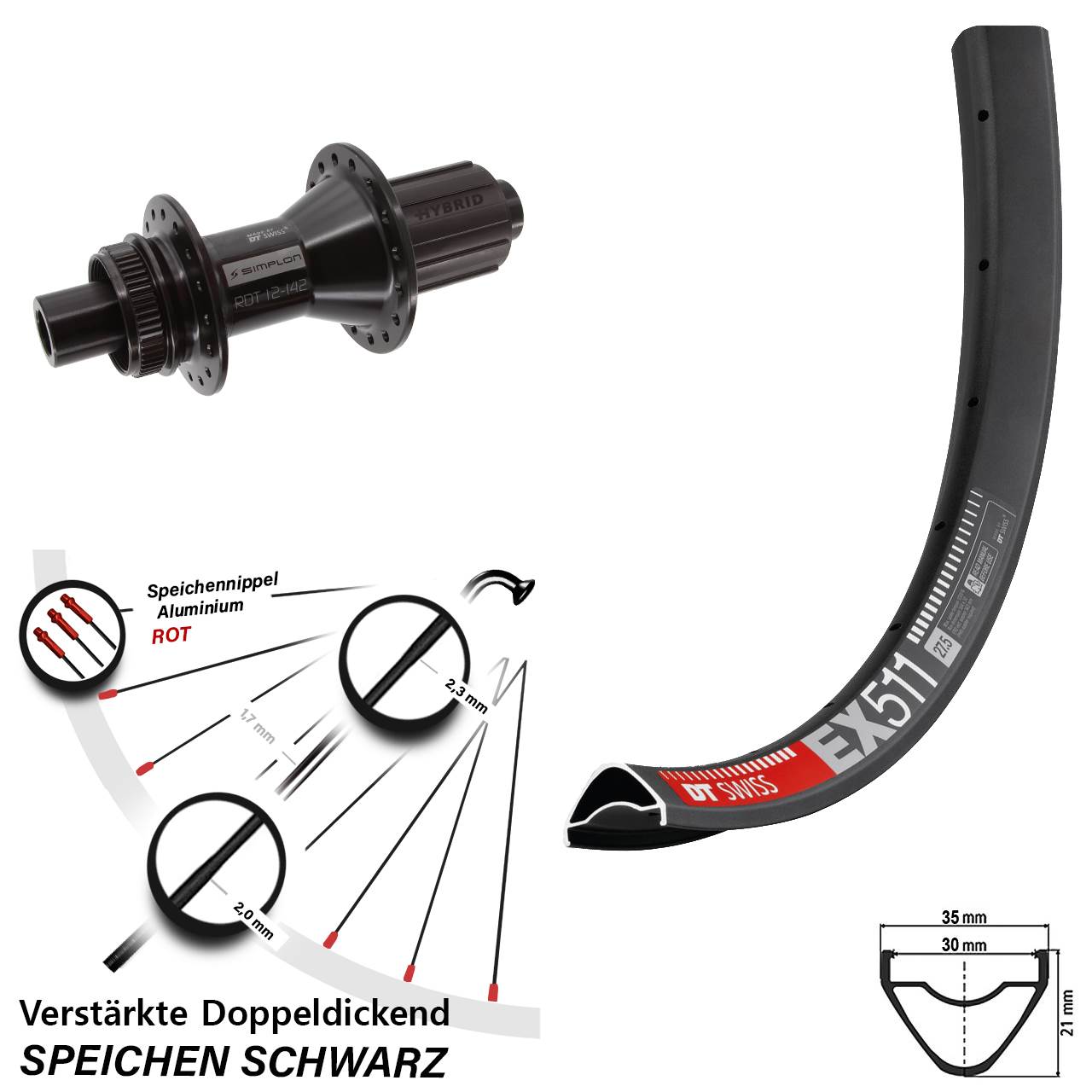 DT Swiss EX 511-370 Hybrid 27,5 Zoll Hinterrad Centerlock 12x142 8-11 fach