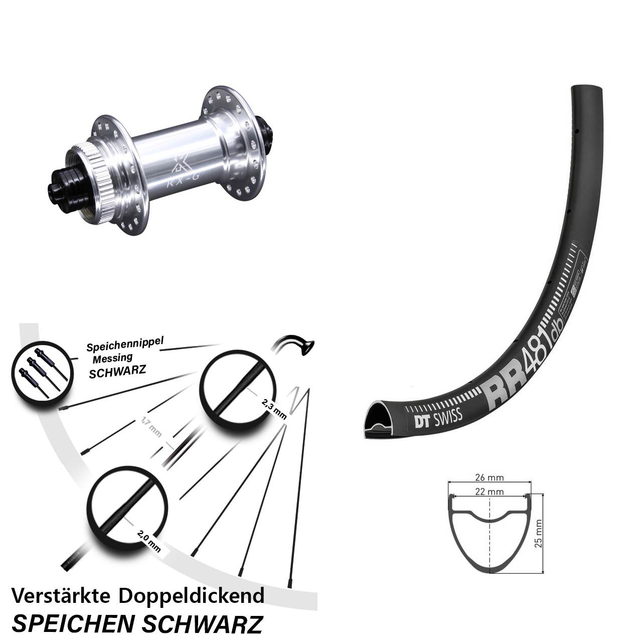 Vorderrad 28 Zoll DT Swiss RR 481 DB Disc verstärkt KX-G silbern 5x100