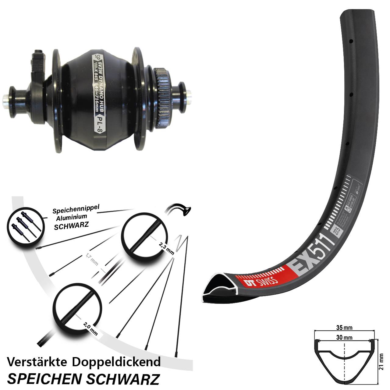 Disc Nabendynamovorderrad 29 Zoll DT Swiss EX511 Shutter Precision PL-8 für Schnellspanner