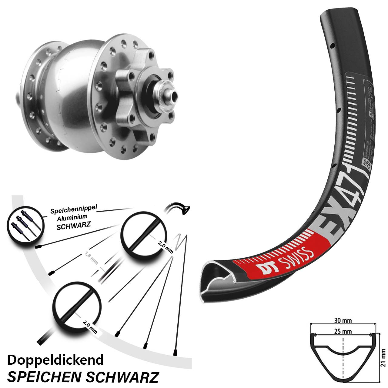 26 Zoll DT Swiss EX 471 SON 28 silbern 6-Loch Nabendynamovorderrad QR