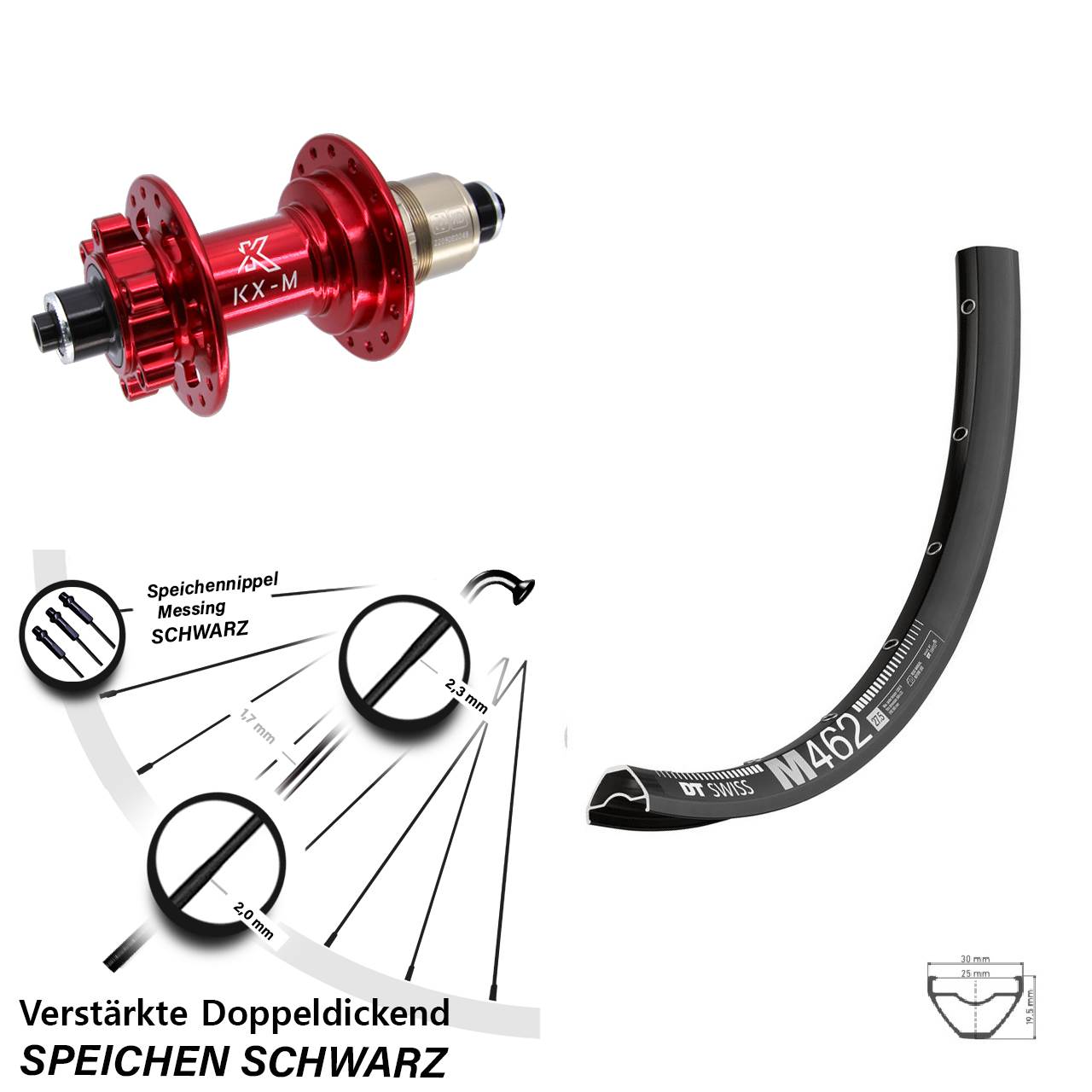 27,5 Zoll Hinterrad für Schnellspanner DT Swiss M462 KX-M rot Disc 6-Loch XD 11-12 fach