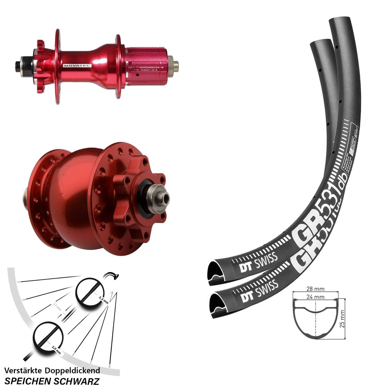 SON 28 Zoll DT Swiss GR 531 Novatec D792 Disc 6-Loch rot Laufrad-Satz QR 8-12 fach