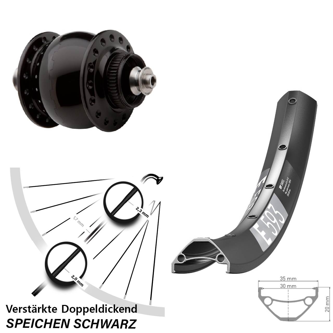 Nabendynamo-Vorderrad Centerlock 27,5 Zoll DT Swiss E593 SON delux QR
