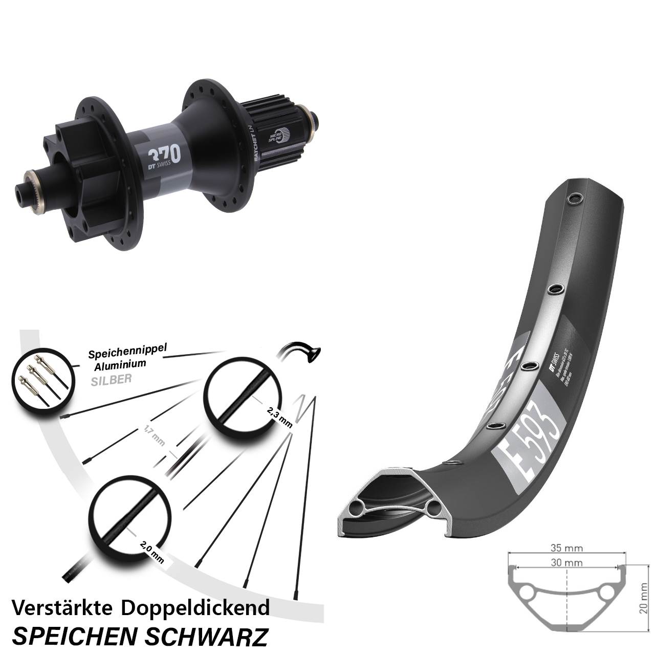 Disc Laufrad 29 Zoll DT Swiss E593-370 Micro Spline für Schnellspanner