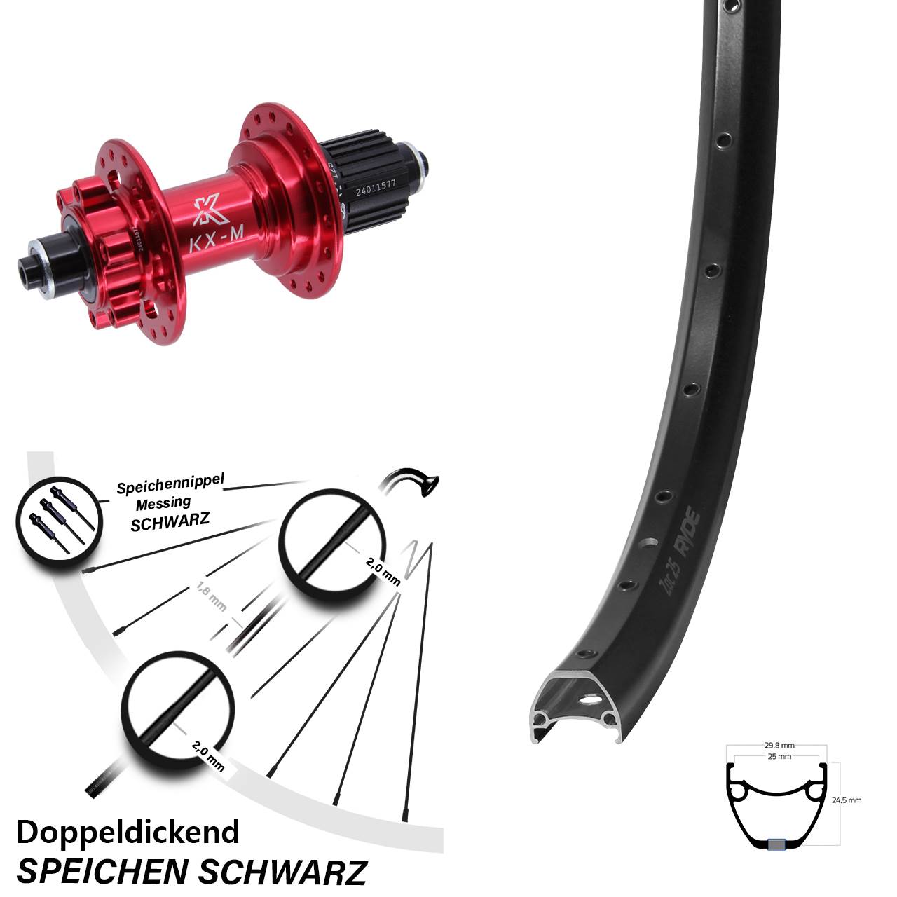 28 Zoll Ryde ZAC 25 KX-M rot Disc Hinterrad für Schnellspanner Micro Spline